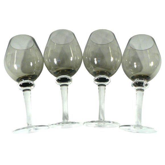 Wine Glass Goblet Smoked Gray Clear Stem Set of 4 Vintage Glassware 10" - Picture 10 of 15